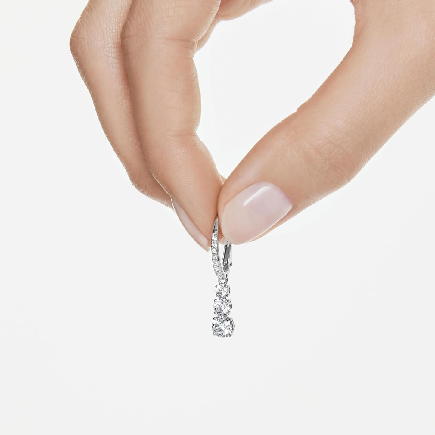 Swarovski Stilla Attract Trilogy Drop Pierced Earrings with White Crystals on a Rhodium Plated Setting with Hinged Closure
