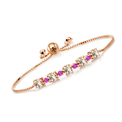 Gem Stone King Gemstone Birthstone and Pink Sapphire Tennis Bracelet 18K Rose Gold Plated Silver | Round 5MM and 2.5MM | Adjustable Bolo Design | Easy-On Easy-Off