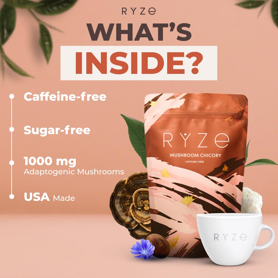 RYZE SUPERFOODS Mushroom Medium Roast Coffee USDA Organic with 6 Adaptogenic Mushrooms, USA Grown Instant Coffee for Better Energy, Focus Digestion Immunity with Lions Mane & Turkey Tail 30. Pack of 1