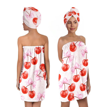 Strawberry Print Bath Wrap and Hair Drying Towel Set – Microfiber Quick Dry Shower Body Wrap for Women, Absorbent Spa Skirt with Elastic Band and Cute Bow Design (Strawberry 1)