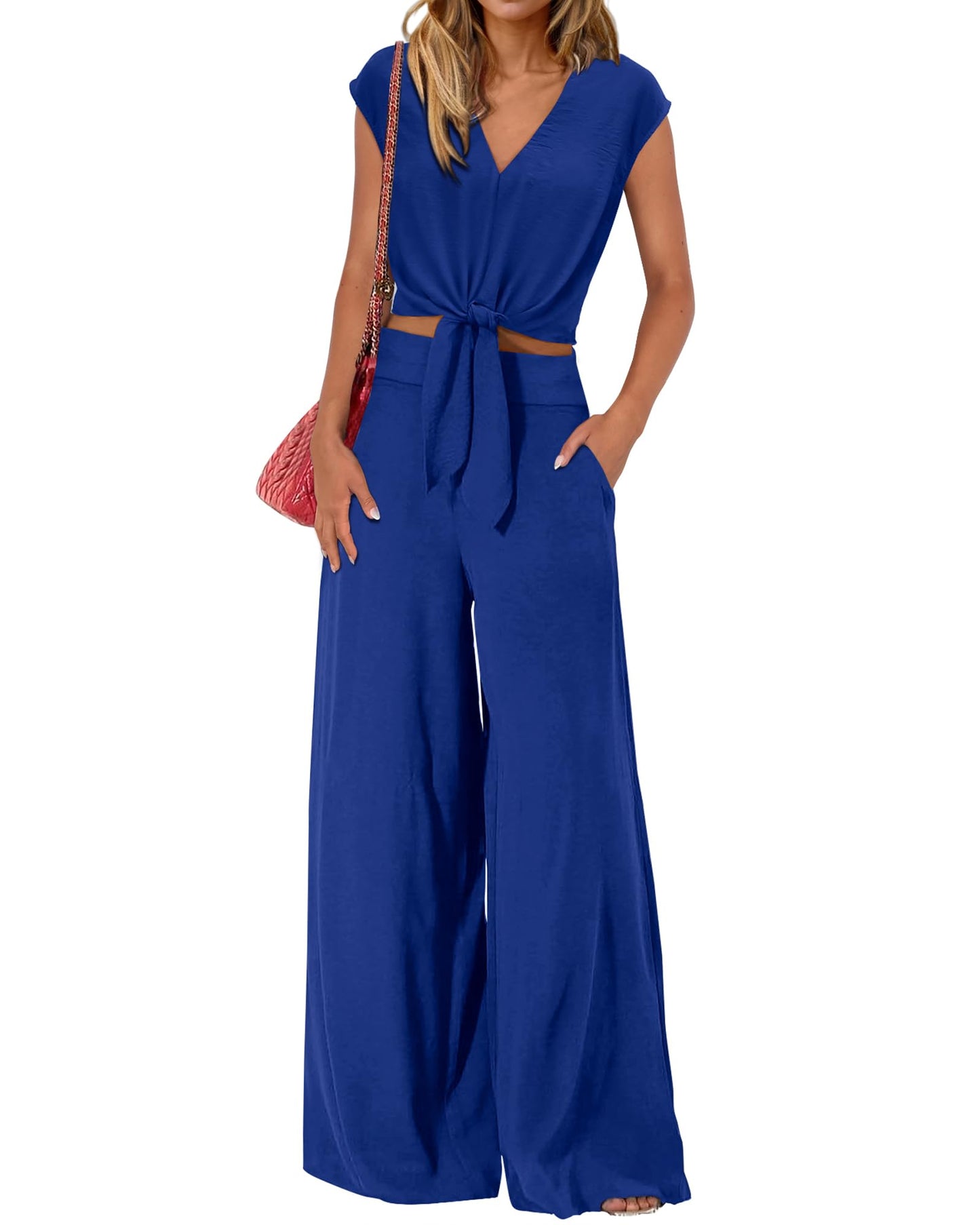 PRETTYGARDEN Women's Summer 2 Piece Outfits 2026 Cap Sleeve V Neck Belted Crop Tops Wide Leg Pant Sets Casual Tracksuit