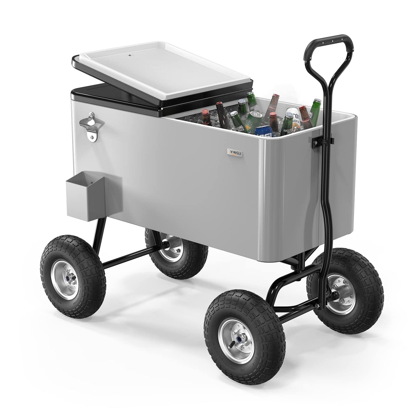 VINGLI 80 Quart Wagon Rolling Cooler Ice Chest, w/Long Handle and 10" Wheels, Portable Beach Patio Party Bar Cold Drink Beverage, Outdoor Park Cart on Wheels