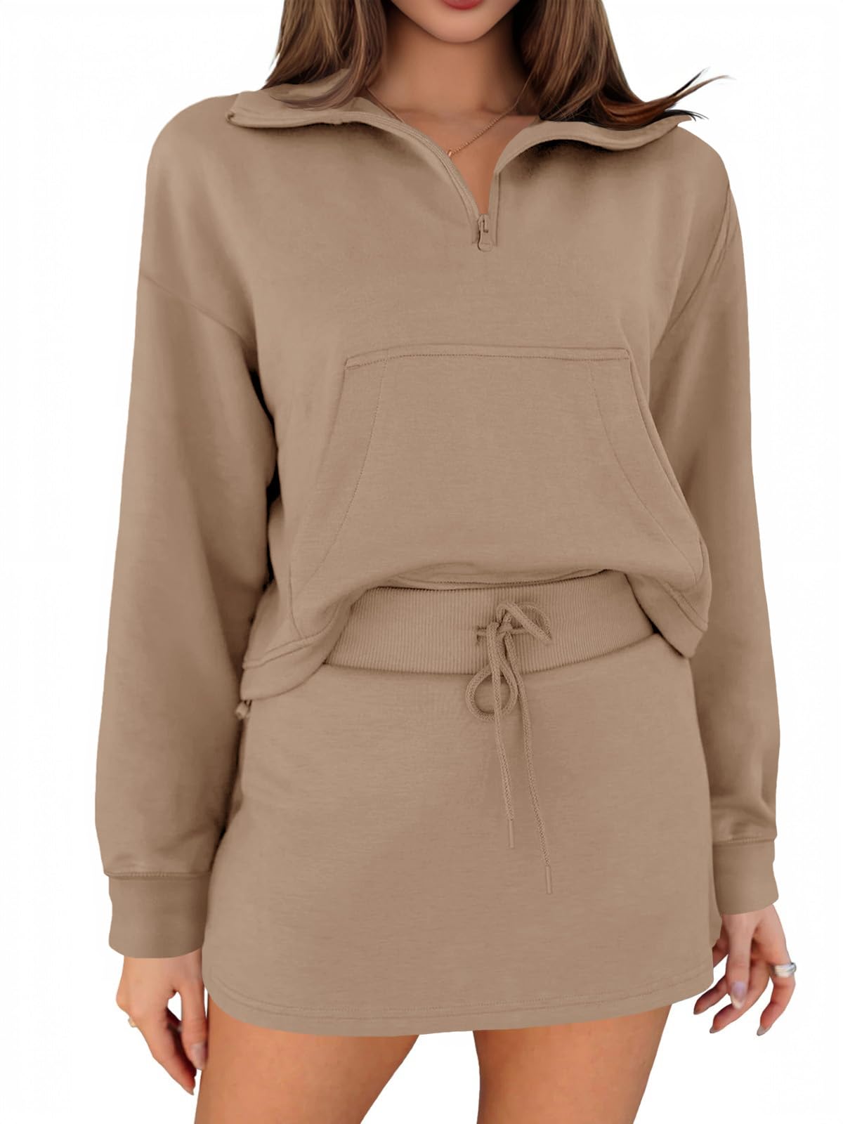 Fisoew Women’s 2 Piece Outfits Quarter Zip Cropped Sweatshirts Casual Mini Skorts Lounge Wear Skirts Sets