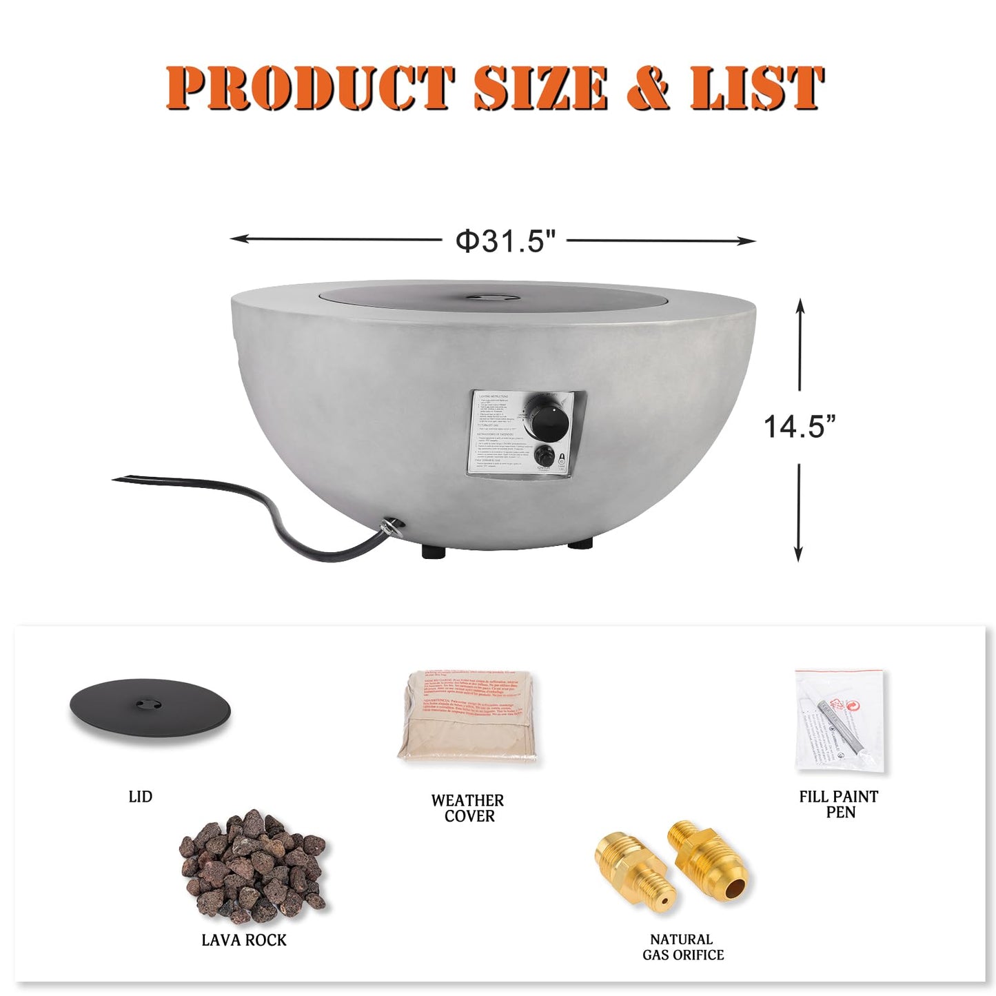 31.5 Inch Round Propane Fire Pit Table - Concrete Round Fire Bowl 50,000 BTU Natural Gas Firepit Burner with Steel Lid, Lava Rocks, Waterproof Cover for Outside Patio, Backyard, Party