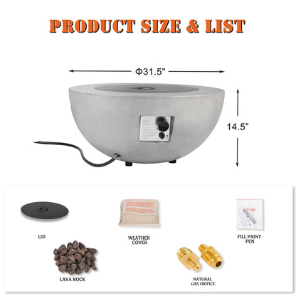 31.5 Inch Round Propane Fire Pit Table - Concrete Round Fire Bowl 50,000 BTU Natural Gas Firepit Burner with Steel Lid, Lava Rocks, Waterproof Cover for Outside Patio, Backyard, Party