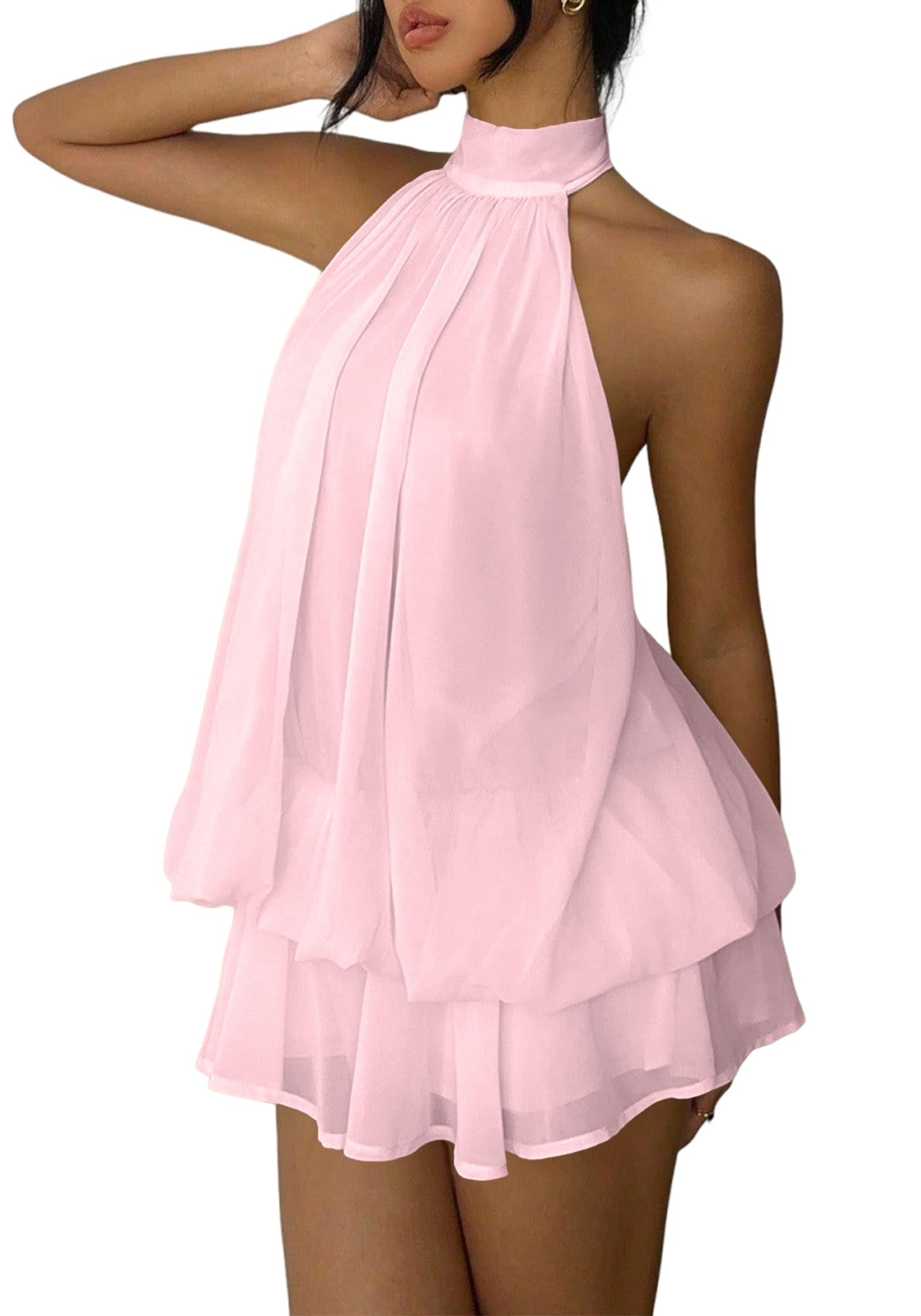 Women's Chiffon Halter Drop Waist Mini Dress Wedding Guest Dresses Ruffle Formal Club Holiday Brunch Outfits