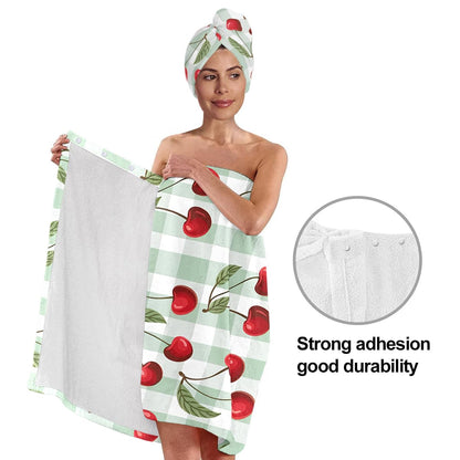Strawberry Print Bath Wrap and Hair Drying Towel Set – Microfiber Quick Dry Shower Body Wrap for Women, Absorbent Spa Skirt with Elastic Band and Cute Bow Design (Strawberry 1)