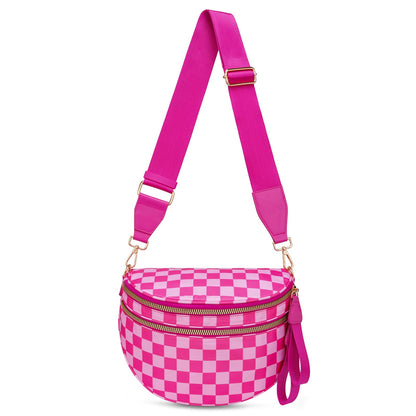 Pure Colour Crossbody Bum Bags for Women Spacious Checkered Cross body Bag Nylon Trendy Fanny Pack for Travel
