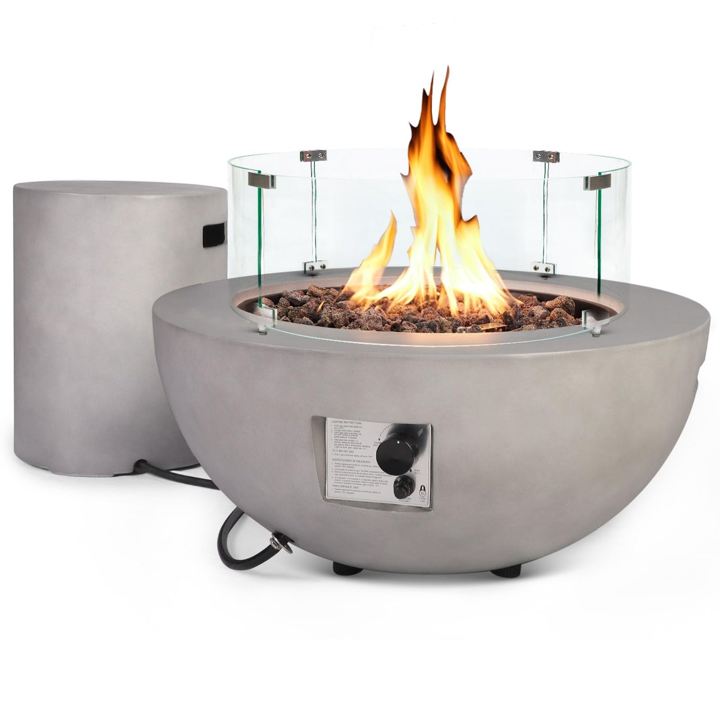 31.5 Inch Round Propane Fire Pit Table - Concrete Round Fire Bowl 50,000 BTU Natural Gas Firepit Burner with Steel Lid, Lava Rocks, Waterproof Cover for Outside Patio, Backyard, Party