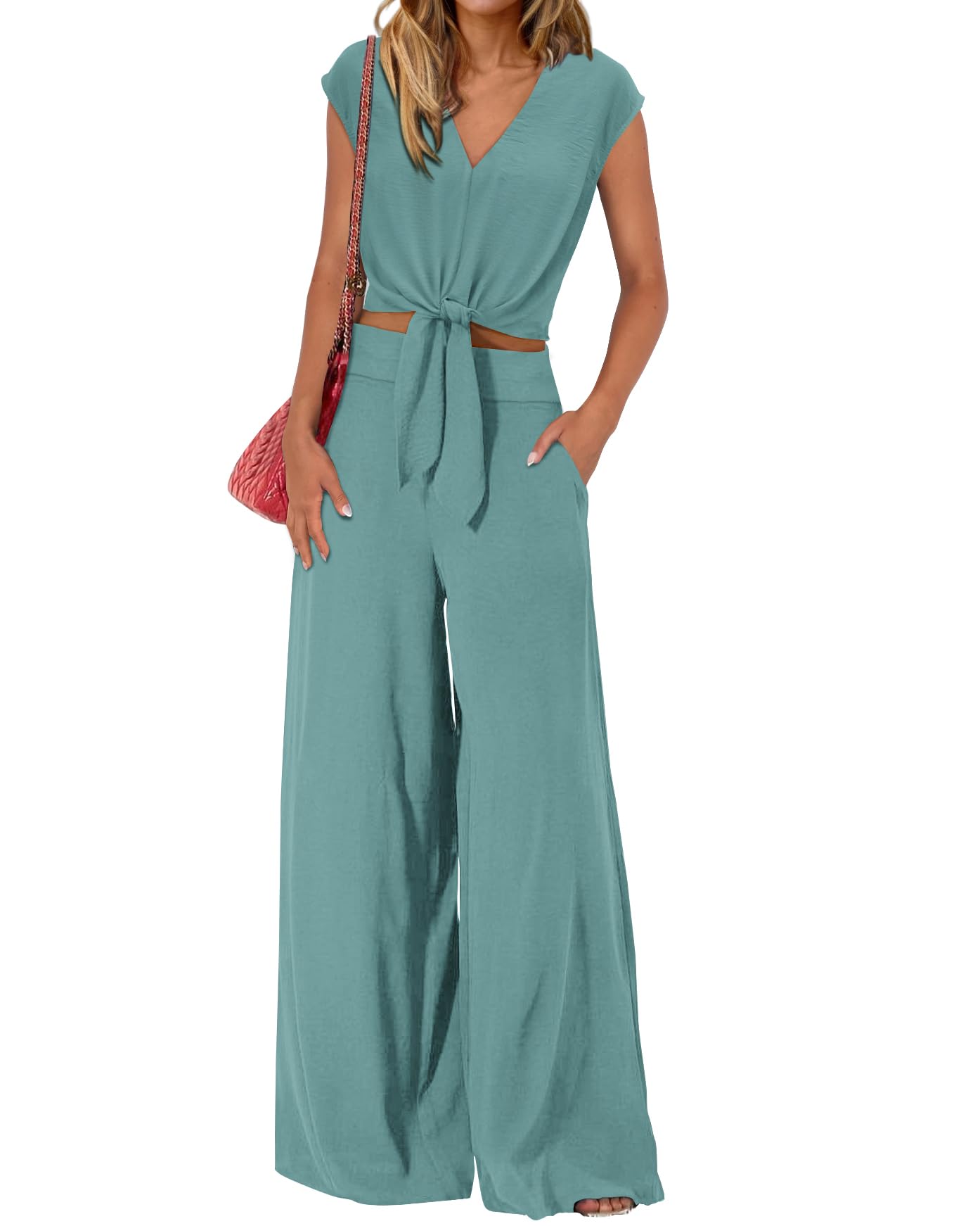 PRETTYGARDEN Women's Summer 2 Piece Outfits 2026 Cap Sleeve V Neck Belted Crop Tops Wide Leg Pant Sets Casual Tracksuit