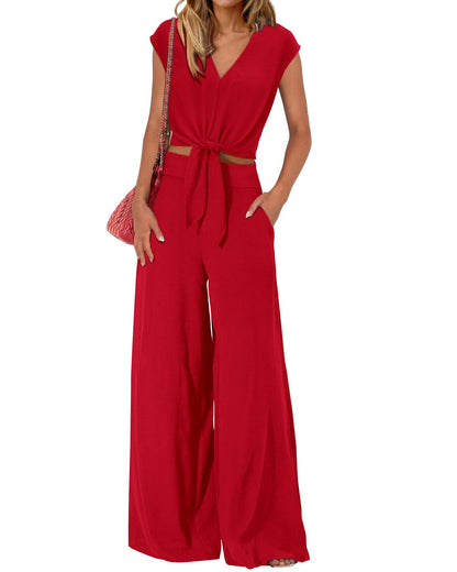 PRETTYGARDEN Women's Summer 2 Piece Outfits 2026 Cap Sleeve V Neck Belted Crop Tops Wide Leg Pant Sets Casual Tracksuit