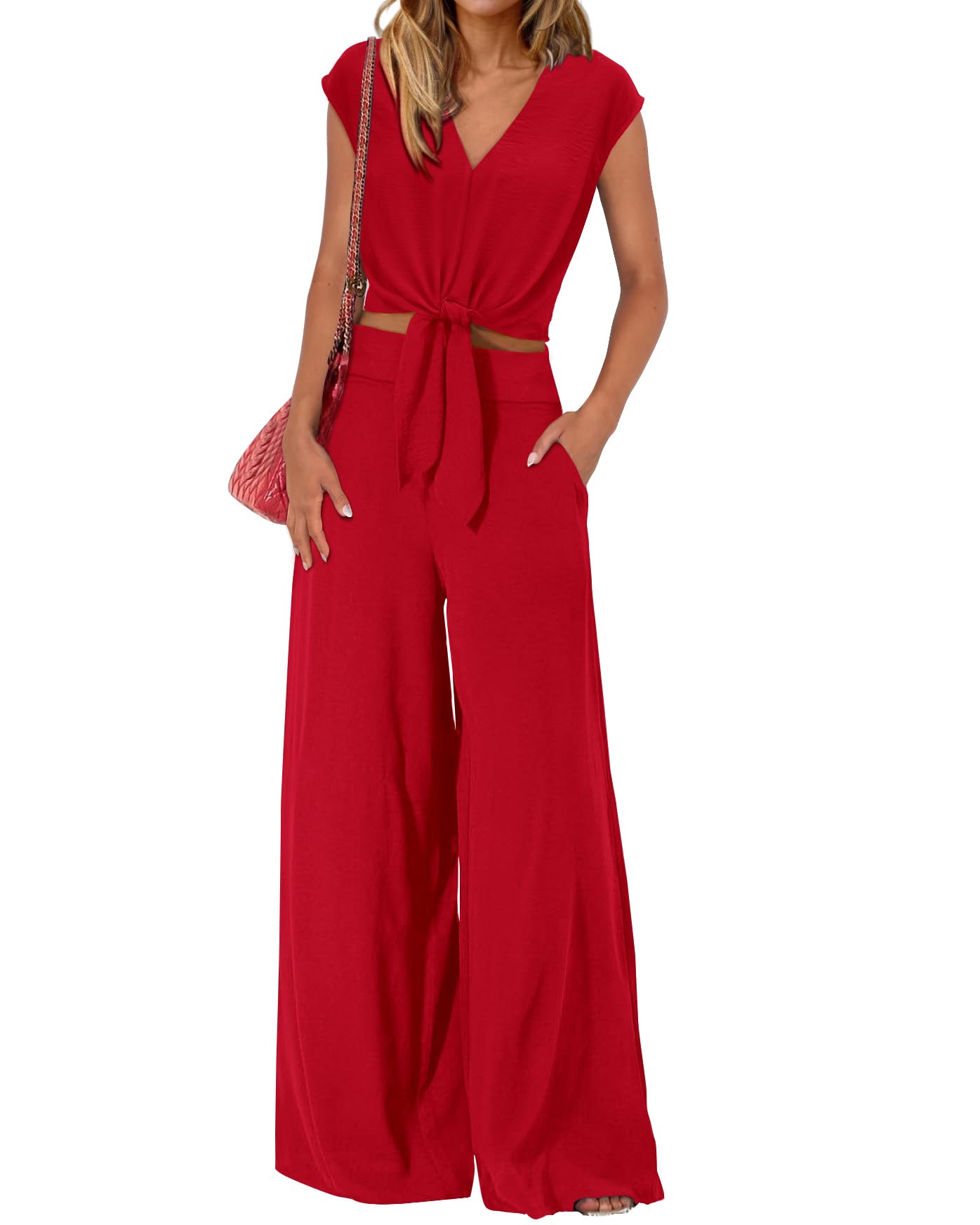 PRETTYGARDEN Women's Summer 2 Piece Outfits 2026 Cap Sleeve V Neck Belted Crop Tops Wide Leg Pant Sets Casual Tracksuit