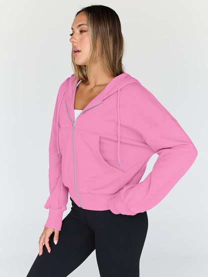Trendy Queen Womens Zip Up Hoodie Lightweight Sweatshirt Drop Shoulder Casual Athletic Jacket