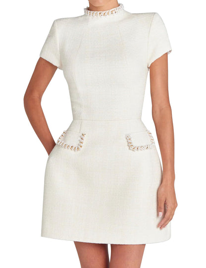 LuFeng Womens Sexy Short Sleeve High Neck Pearls Mini Dress