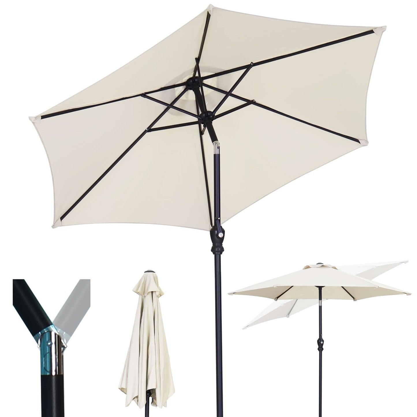 GDY 7.5ft Tassel Patio Umbrella and Matching Base, Outdoor Table Umbrella with 18 LED Lights,Market Umbrella with 6 Sturdy Ribs, with Push Button Tilt and Crank, Bright White