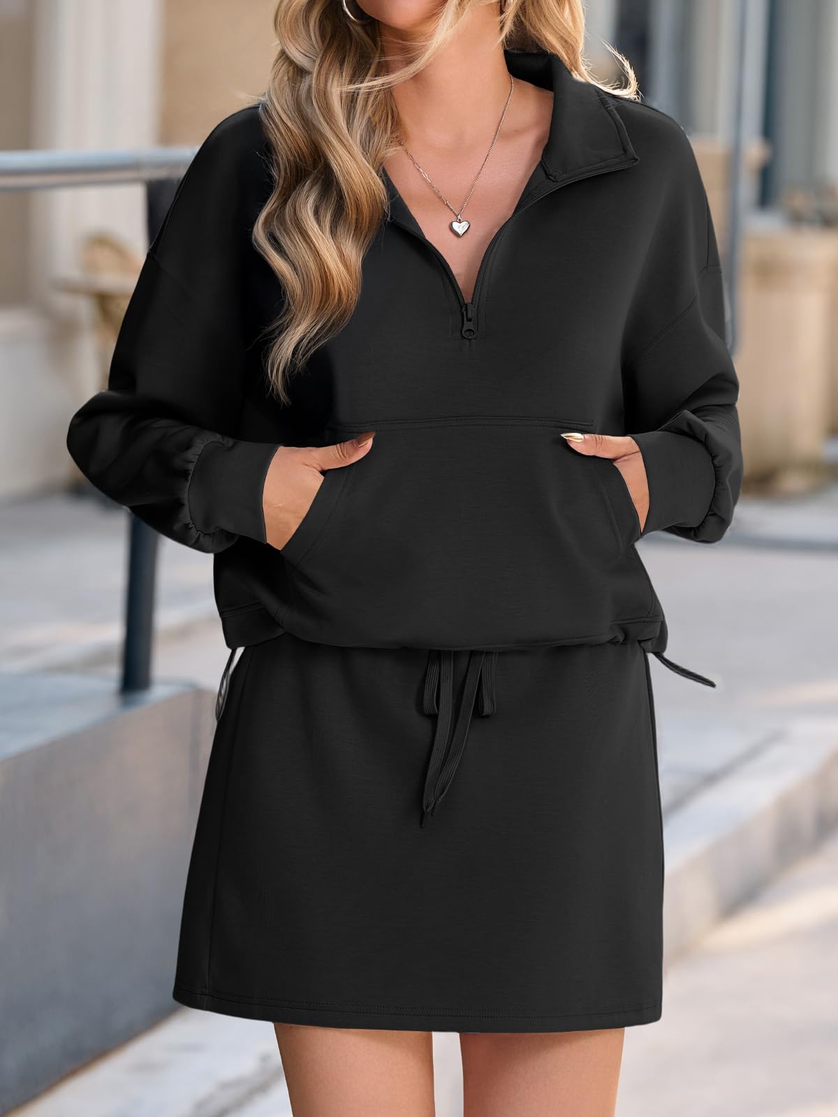 Fisoew Women’s 2 Piece Outfits Quarter Zip Cropped Sweatshirts Casual Mini Skorts Lounge Wear Skirts Sets