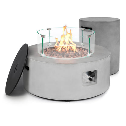 31.5 Inch Round Propane Fire Pit Table - Concrete Round Fire Bowl 50,000 BTU Natural Gas Firepit Burner with Steel Lid, Lava Rocks, Waterproof Cover for Outside Patio, Backyard, Party