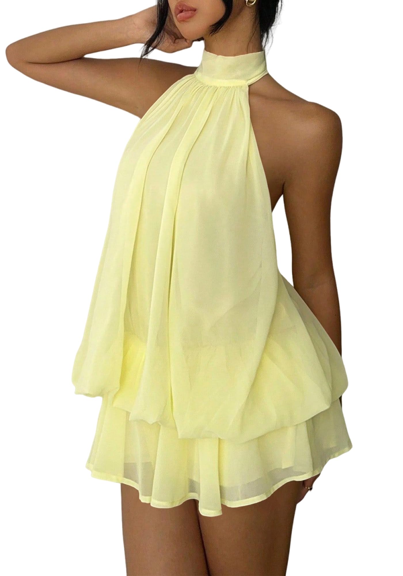 Women's Chiffon Halter Drop Waist Mini Dress Wedding Guest Dresses Ruffle Formal Club Holiday Brunch Outfits