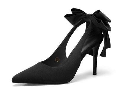 Coutgo Womens Slingback High Heels with Bow Closed Pointed Toe Wedding Bride Dress Shoes Satin Pumps