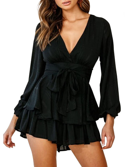 AIMCOO Women's Floral Print Deep V-Neck Romper Double Layer Ruffle Hem Jumpsuits Long Baggy Sleeves Waist Tie Short Rompers
