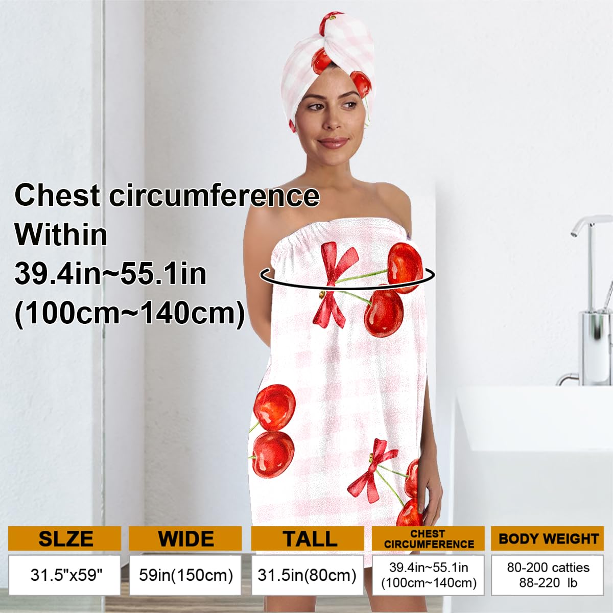 Strawberry Print Bath Wrap and Hair Drying Towel Set – Microfiber Quick Dry Shower Body Wrap for Women, Absorbent Spa Skirt with Elastic Band and Cute Bow Design (Strawberry 1)