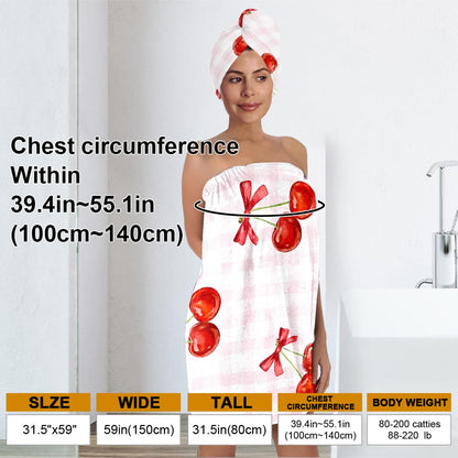 Strawberry Print Bath Wrap and Hair Drying Towel Set – Microfiber Quick Dry Shower Body Wrap for Women, Absorbent Spa Skirt with Elastic Band and Cute Bow Design (Strawberry 1)