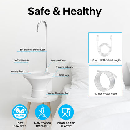 Drinking Water Dispenser Pump, Automatic Electric Drinking Water Bottle Pump for 2-5 Gallon Water Jugs, USB Rechargeable with 2 Switch Control, Stable and Portable for Home, Kitchen, Office, Camping