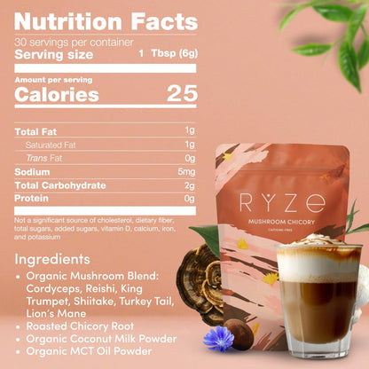 RYZE SUPERFOODS Mushroom Medium Roast Coffee USDA Organic with 6 Adaptogenic Mushrooms, USA Grown Instant Coffee for Better Energy, Focus Digestion Immunity with Lions Mane & Turkey Tail 30. Pack of 1