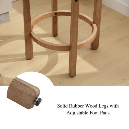 LukeAlon Mid Century Linen Counter Stools Set of 4, Upholstered 26.5” Seat Height Low Barstools with Natural Wood Legs Round Low Back Kitchen Stools with Footrest for Dining Room, Beige