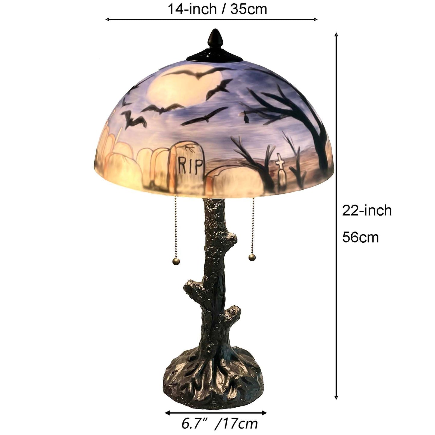 Bieye L10973 Bats Flying Over Graveyard at Full Moon Night Hand-Painted Glass Table Lamp for Helloween Decor (Blue, 14x22 inch)