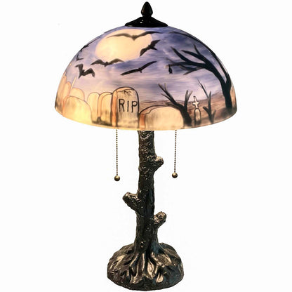 Bieye L10973 Bats Flying Over Graveyard at Full Moon Night Hand-Painted Glass Table Lamp for Helloween Decor (Blue, 14x22 inch)