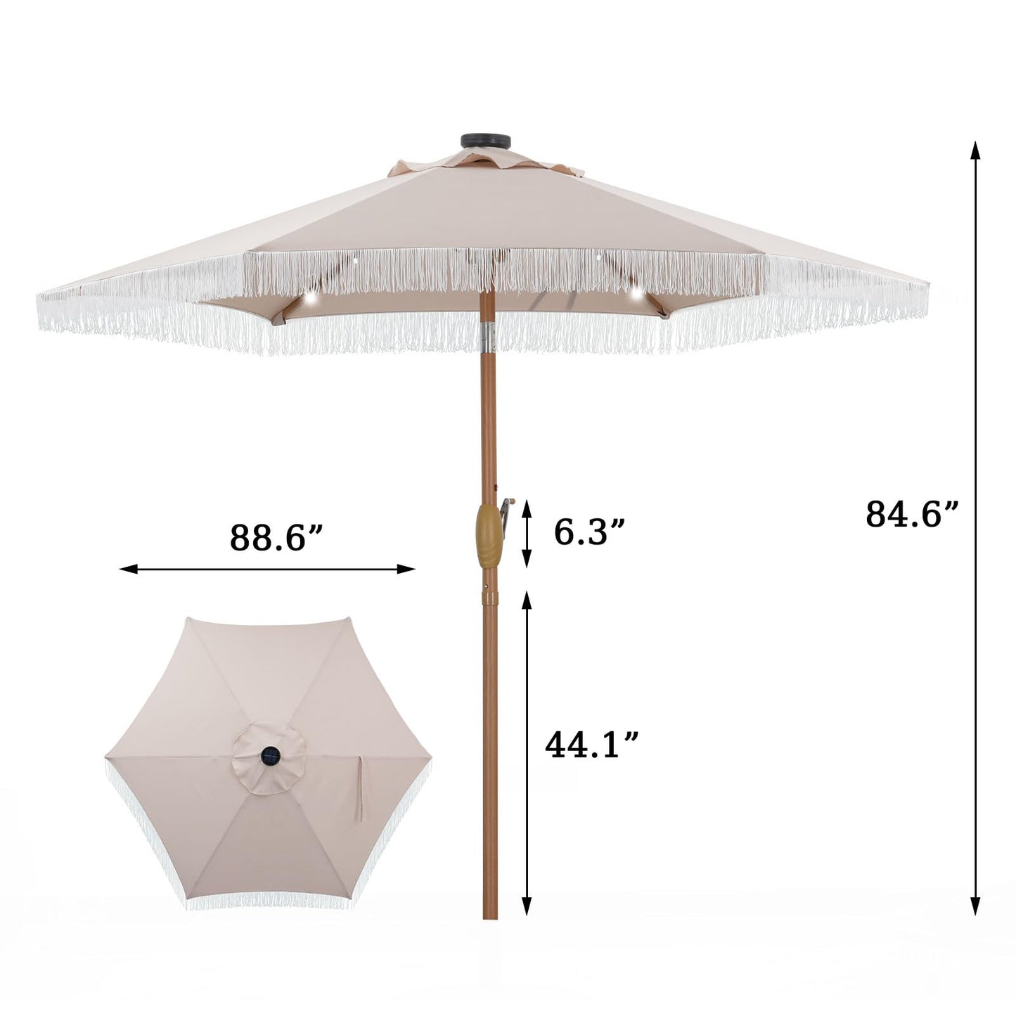 GDY 7.5ft Tassel Patio Umbrella and Matching Base, Outdoor Table Umbrella with 18 LED Lights,Market Umbrella with 6 Sturdy Ribs, with Push Button Tilt and Crank, Bright White