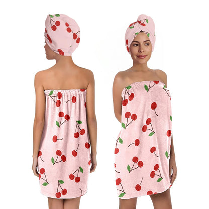 Strawberry Print Bath Wrap and Hair Drying Towel Set – Microfiber Quick Dry Shower Body Wrap for Women, Absorbent Spa Skirt with Elastic Band and Cute Bow Design (Strawberry 1)