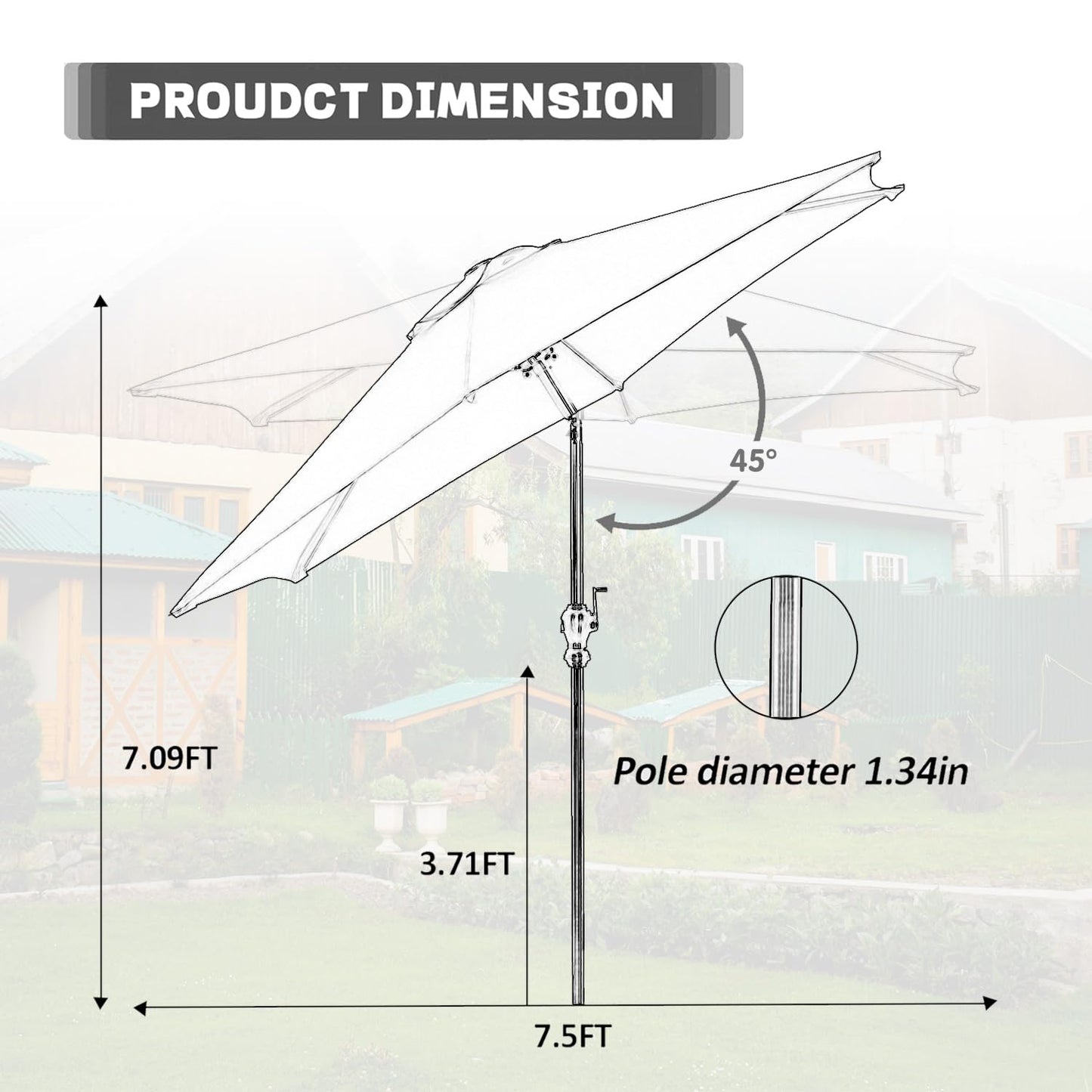 GDY 7.5ft Tassel Patio Umbrella and Matching Base, Outdoor Table Umbrella with 18 LED Lights,Market Umbrella with 6 Sturdy Ribs, with Push Button Tilt and Crank, Bright White
