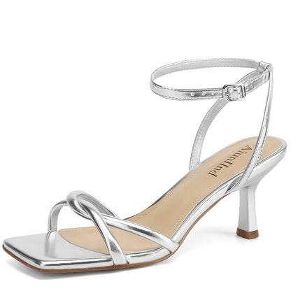 AIUNIIND Women's Kitten Low Heel Sandals, Strappy Square Open Toe 2.5 inch | Adjustable Ankle Strap, Comfortable All Day, for Summer, Going out, Dress, Party, Prom, Wedding Guest Occasions