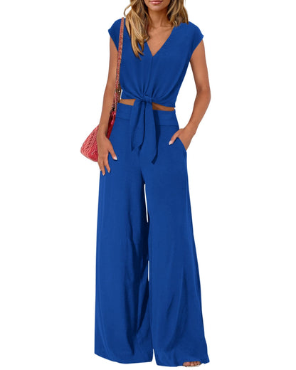 PRETTYGARDEN Women's Summer 2 Piece Outfits 2026 Cap Sleeve V Neck Belted Crop Tops Wide Leg Pant Sets Casual Tracksuit