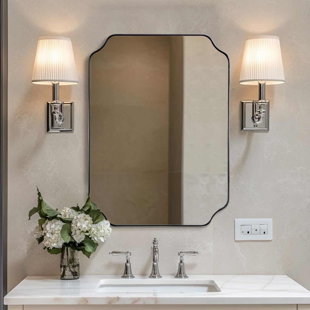 ANDY STAR Unique Rectangle Wall Mirror, 24"x32" Black Mirror, Modern Mirror with Aesthetic Scalloped Edge Design Ideal for Bathroom, Bedroom or Entryway, Thin Frame Deep 1’’