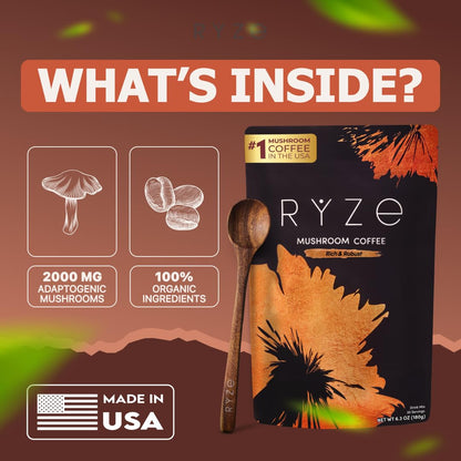 RYZE SUPERFOODS Mushroom Medium Roast Coffee USDA Organic with 6 Adaptogenic Mushrooms, USA Grown Instant Coffee for Better Energy, Focus Digestion Immunity with Lions Mane & Turkey Tail 30. Pack of 1