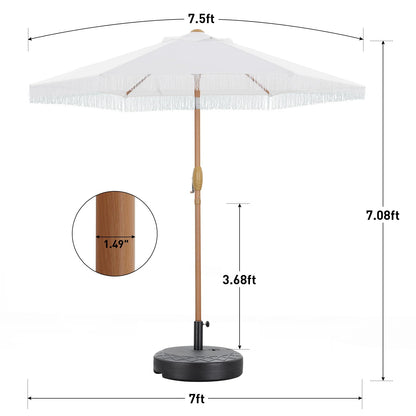 GDY 7.5ft Tassel Patio Umbrella and Matching Base, Outdoor Table Umbrella with 18 LED Lights,Market Umbrella with 6 Sturdy Ribs, with Push Button Tilt and Crank, Bright White