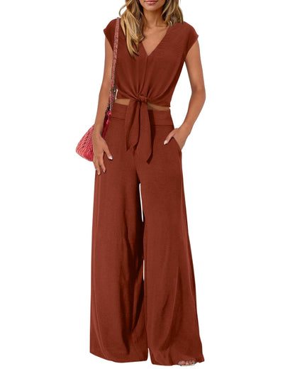 PRETTYGARDEN Women's Summer 2 Piece Outfits 2026 Cap Sleeve V Neck Belted Crop Tops Wide Leg Pant Sets Casual Tracksuit
