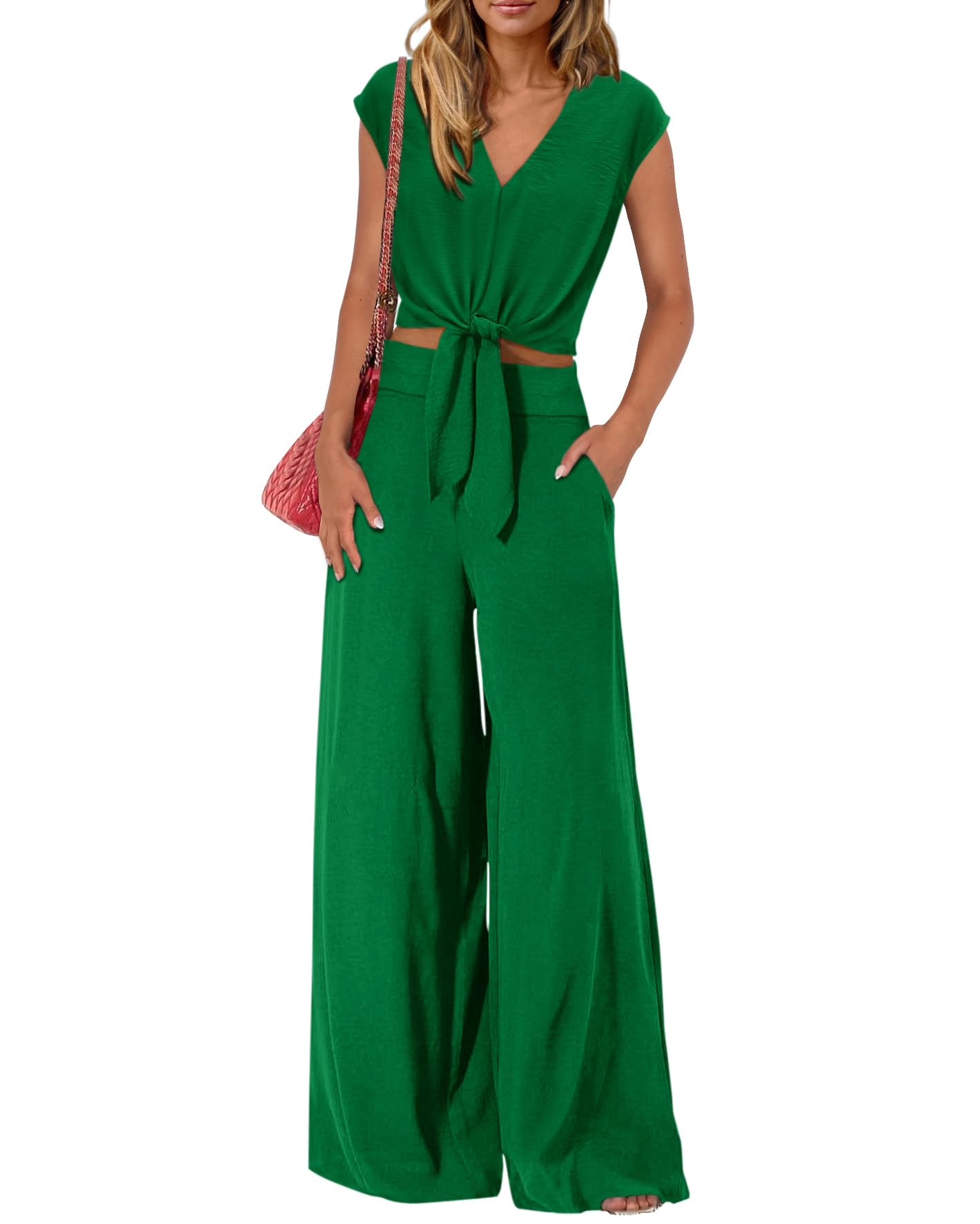 PRETTYGARDEN Women's Summer 2 Piece Outfits 2026 Cap Sleeve V Neck Belted Crop Tops Wide Leg Pant Sets Casual Tracksuit