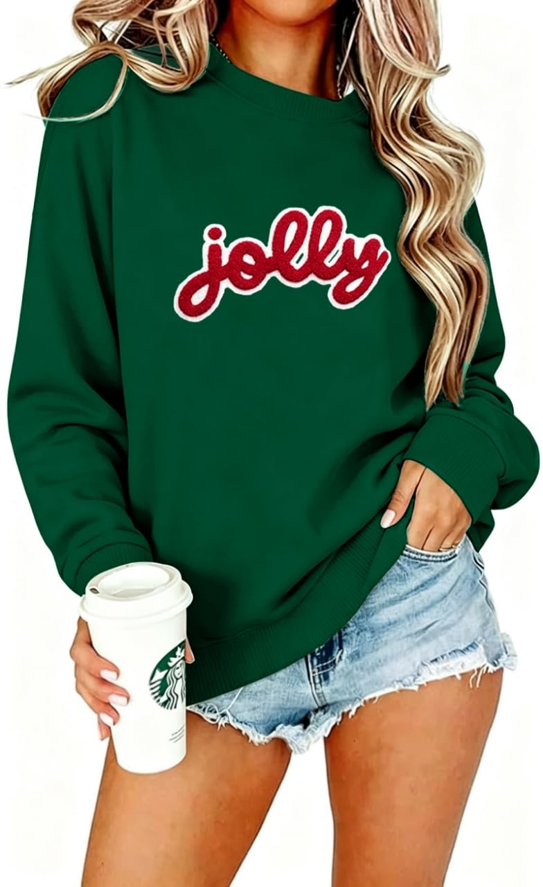 Christmas Sweatshirts For Women Jolly Glitter Patch Striped Sweater