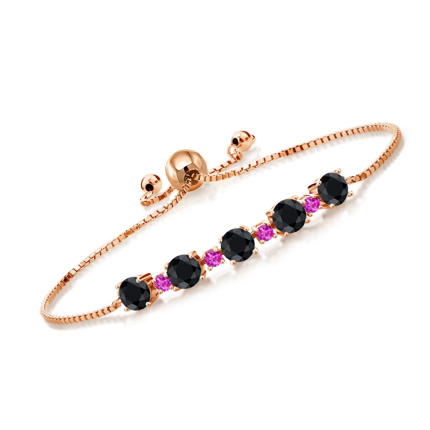 Gem Stone King Gemstone Birthstone and Pink Sapphire Tennis Bracelet 18K Rose Gold Plated Silver | Round 5MM and 2.5MM | Adjustable Bolo Design | Easy-On Easy-Off