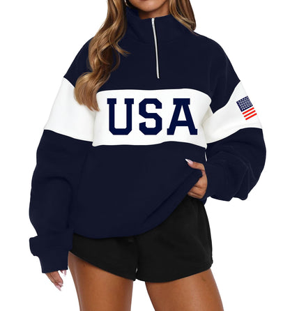 LEEDYA Women Long Sleeve American Flag Sweatshirts Half Zip USA Sweater