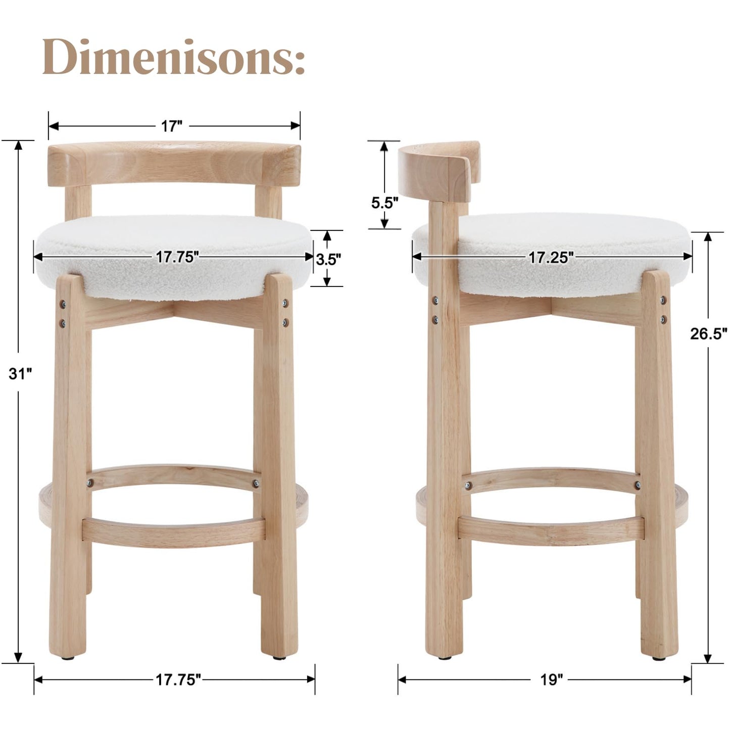 LukeAlon Mid Century Linen Counter Stools Set of 4, Upholstered 26.5” Seat Height Low Barstools with Natural Wood Legs Round Low Back Kitchen Stools with Footrest for Dining Room, Beige