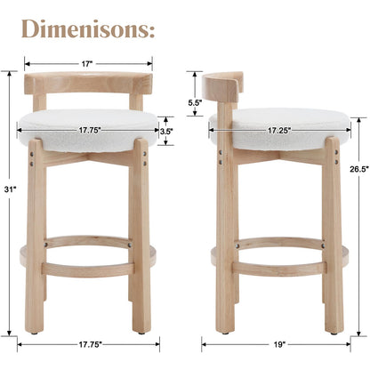 LukeAlon Mid Century Linen Counter Stools Set of 4, Upholstered 26.5” Seat Height Low Barstools with Natural Wood Legs Round Low Back Kitchen Stools with Footrest for Dining Room, Beige