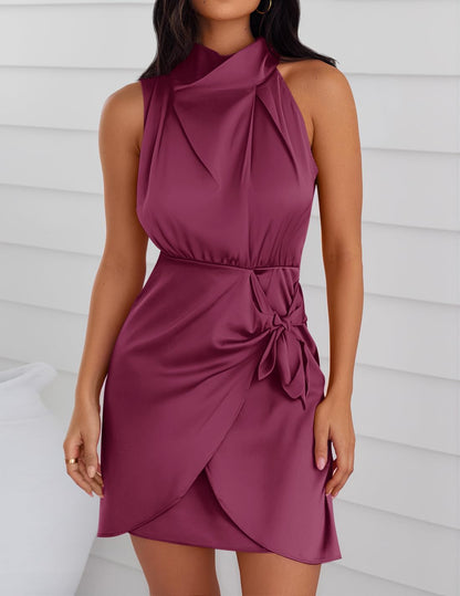 ZESICA Women's Satin Sleeveless Halter Tie Waist Wrap Bodycon Mini Dress | 2026 Summer Fashion Short Dresses, Silky High Waist Dress, Above Knee Length, Sexy Cocktail Party Club Outfits