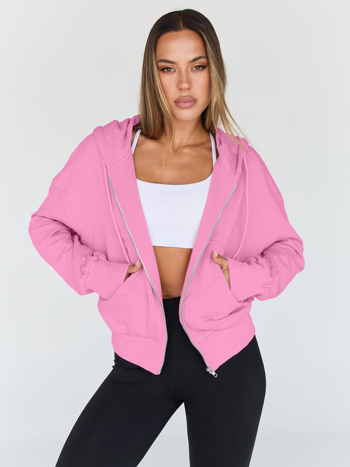 Trendy Queen Womens Zip Up Hoodie Lightweight Sweatshirt Drop Shoulder Casual Athletic Jacket