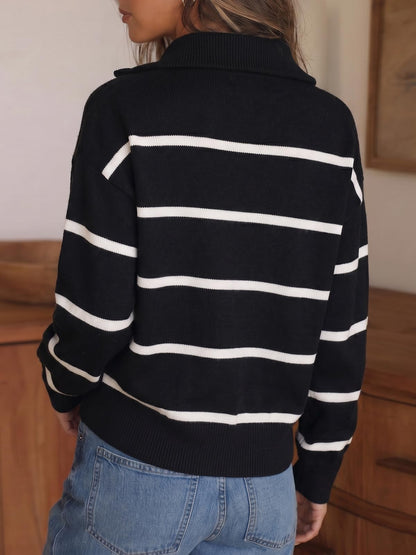 Fisoew Womens Quarter Zip Striped Sweater Oversized Turtleneck Pullover Top