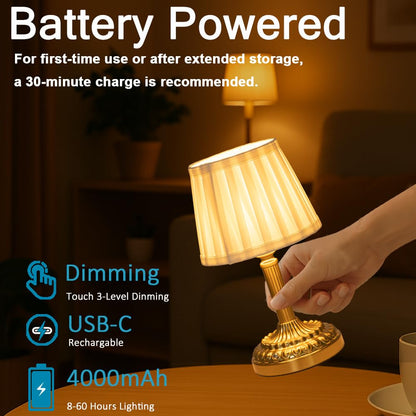 Cordless Table Lamp with Touch Control, Small LED Bedside Lamp with Pleated Shade, 3 Brightness Levels Nightstand Lamp for Bedroom, Living Room & Dorm Room